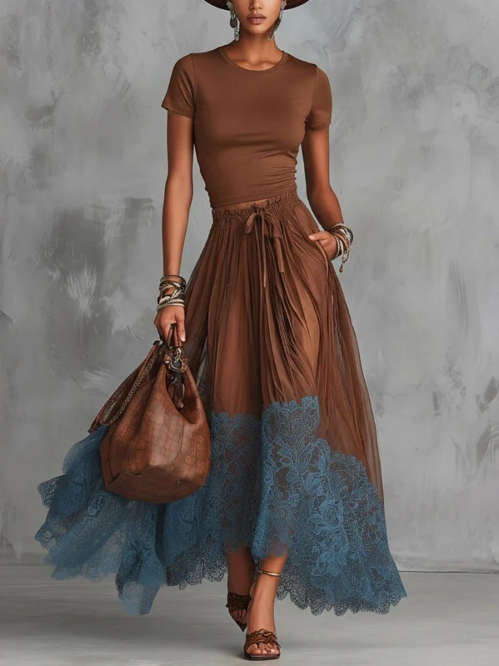 🌿Slim Fit Two Piece Set | Lace Spliced Top Elastic High Waist Maxi Skirt🤍