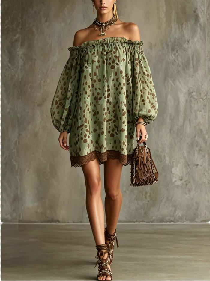 🤍Polka Dot Off Shoulder Mini Dress | Puff Sleeve Lace Hem Cocktail Outfit✨