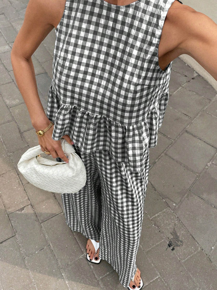 🤎Plaid Split-Joint Pleated 2 Piece Set | Round Neck Sleeveless Vest & Loose Pants Outfit✨