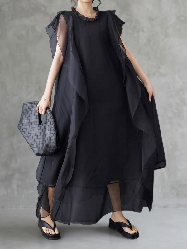 🤍Solid Split Pleated Ruffle Round Neck Maxi Dress | Vacation & Daily Outfit✨