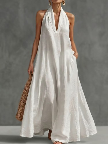 ✨A-Line Pocket Long Dress | Solid V Neck Loose Fit All-match Daily & Beach Outfit🌊