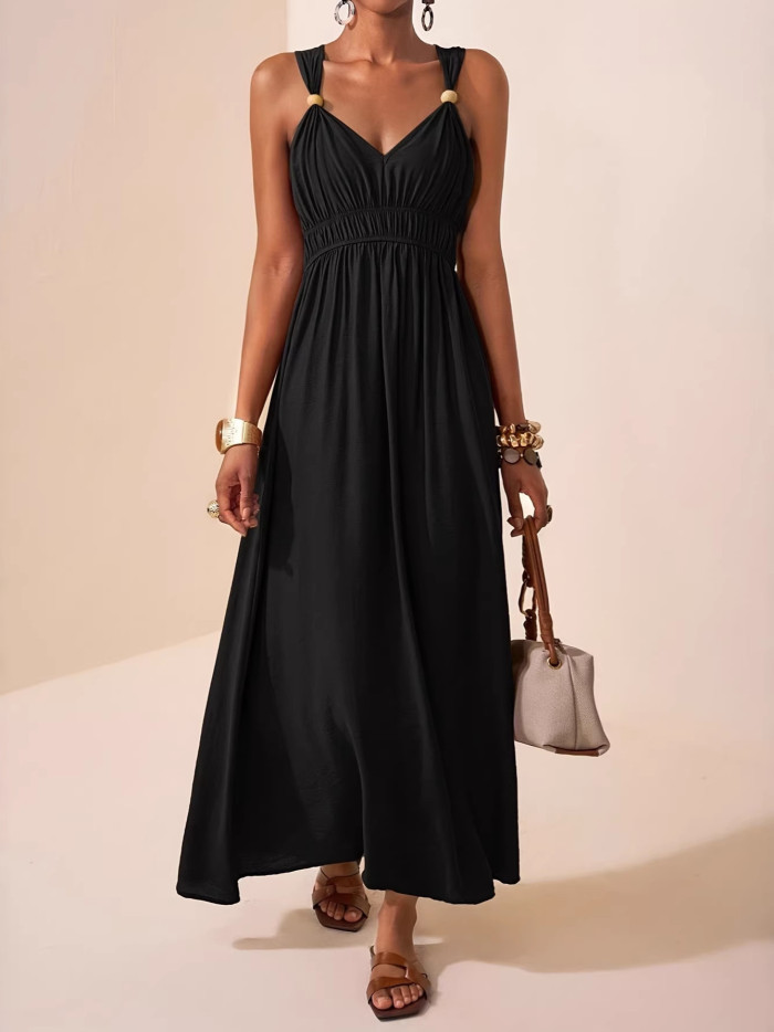 🤍Solid Spaghetti Strap Maxi Dress | Loose Pleated Sleeveless Daily Vacation Outfit✨