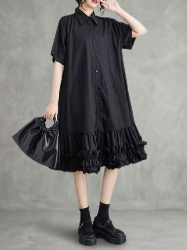 ✨Ruffle Pleat Lapel Shirt Gown | Solid Loose Half Sleeve Button Up Midi Vacation Outfit🌊