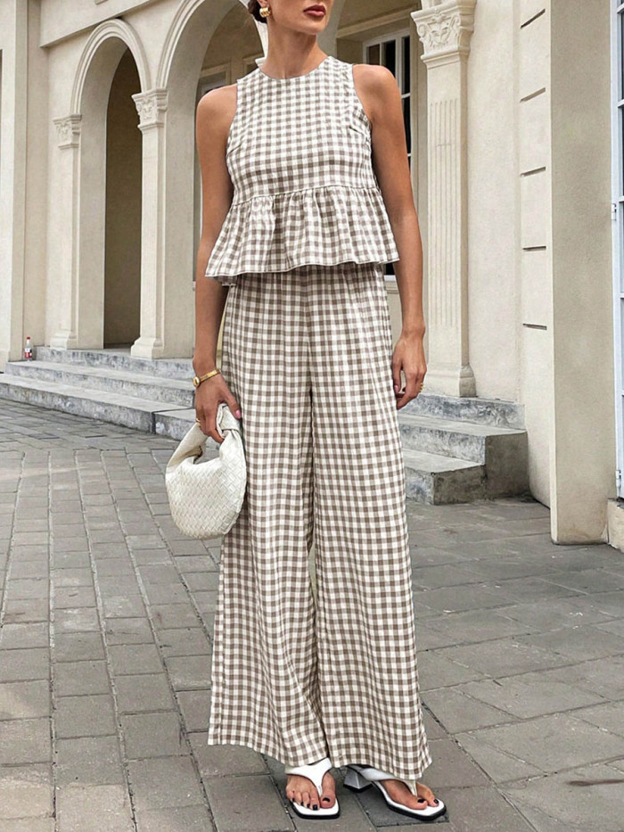🤎Plaid Split-Joint Pleated 2 Piece Set | Round Neck Sleeveless Vest & Loose Pants Outfit✨