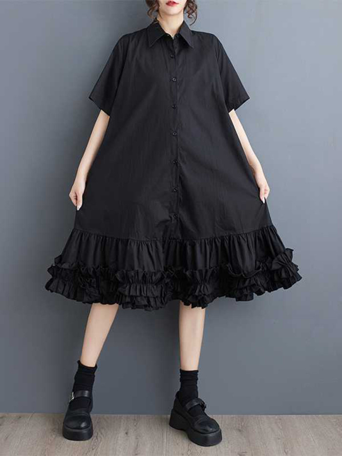 ✨Ruffle Pleat Lapel Shirt Gown | Solid Loose Half Sleeve Button Up Midi Vacation Outfit🌊