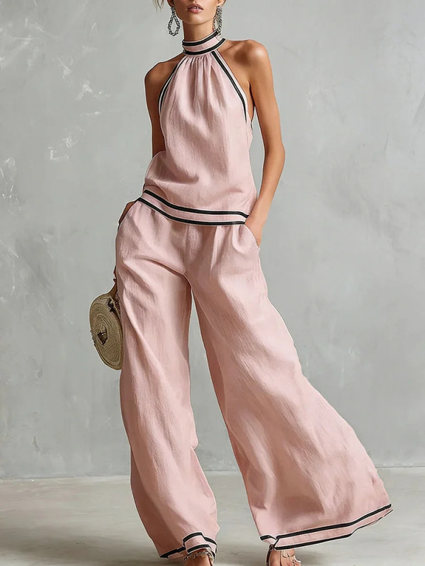 🌼Summer Casual Two Piece Outfit | Contrast Trim Halter Sleeveless Top Wide Leg Pants Set🤍