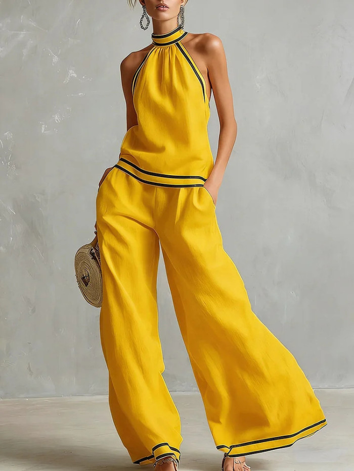 🌼Summer Casual Two Piece Outfit | Contrast Trim Halter Sleeveless Top Wide Leg Pants Set🤍
