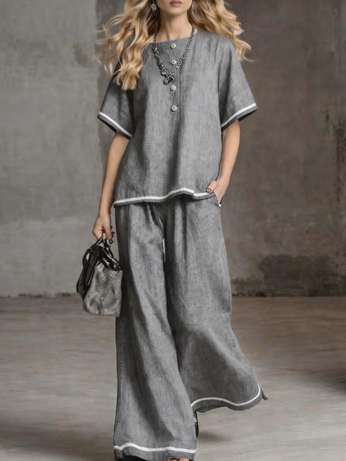 Button Blouse & Wide Leg Pants Set City Strolls and Casual Shopping