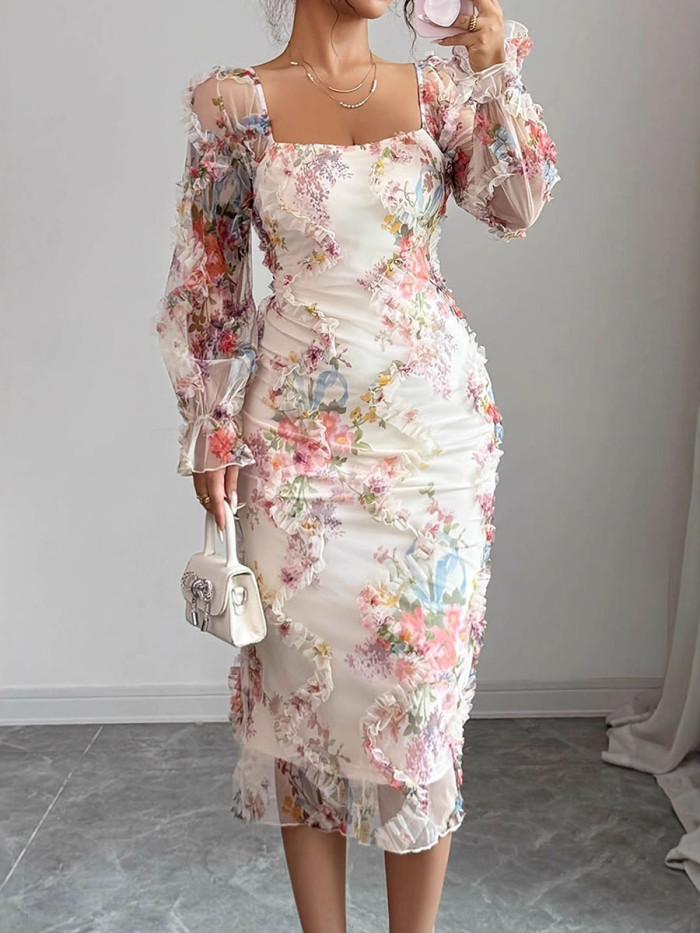 Square Neck Floral Print Bodycon Midi Dress for Dating and Evening Parties