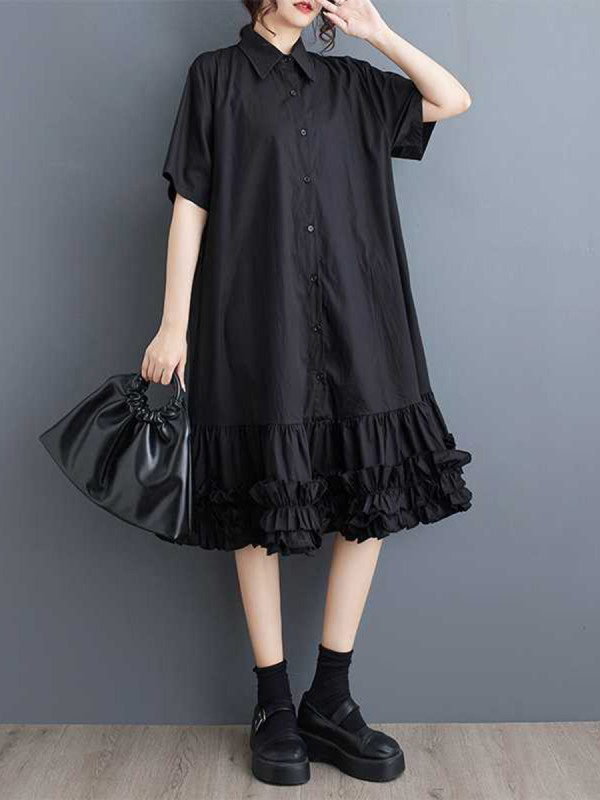 ✨Ruffle Pleat Lapel Shirt Gown | Solid Loose Half Sleeve Button Up Midi Vacation Outfit🌊