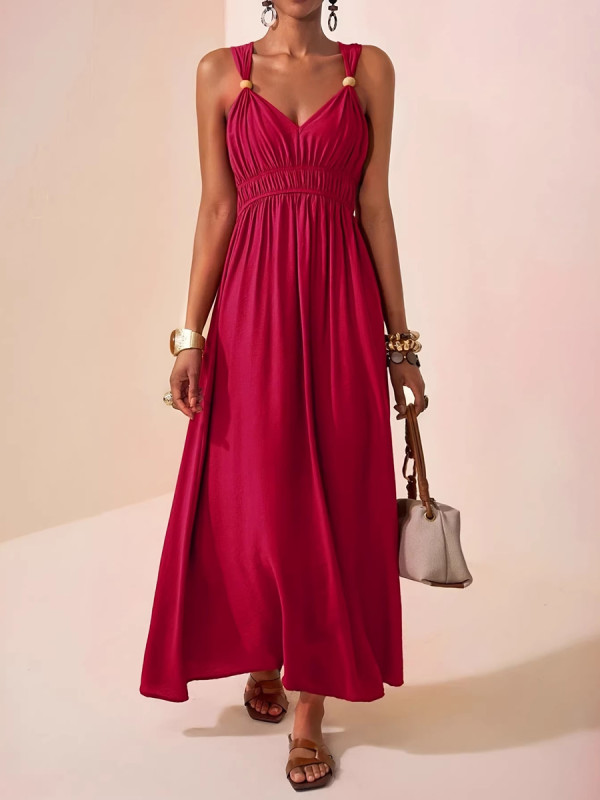 🤍Solid Spaghetti Strap Maxi Dress | Loose Pleated Sleeveless Daily Vacation Outfit✨