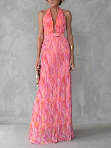 Backless Pleated Printed Maxi Dress City Strolls and Seaside Outfit