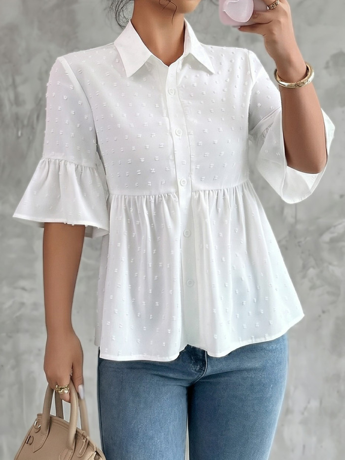 🤍Solid Pleated Jacquard Lapel Blouse | Daily Casual Top✨