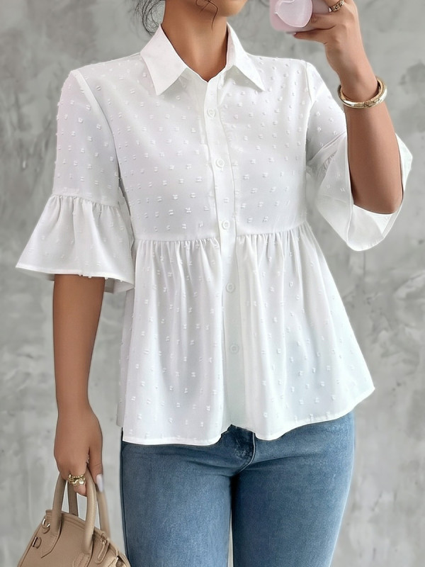 🤍Solid Pleated Jacquard Lapel Blouse | Daily Casual Top✨