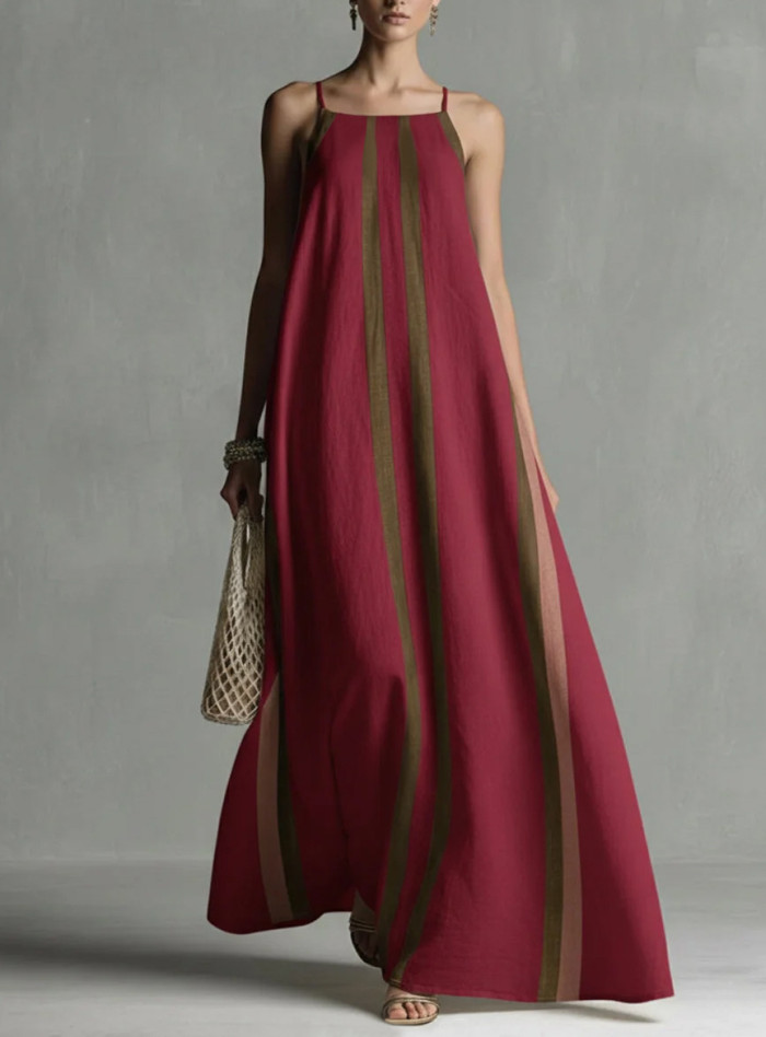 🤍Contrast Color Spaghetti Strap Maxi Dress | Loose A-Line Pleated Summer Vacation Outfit✨