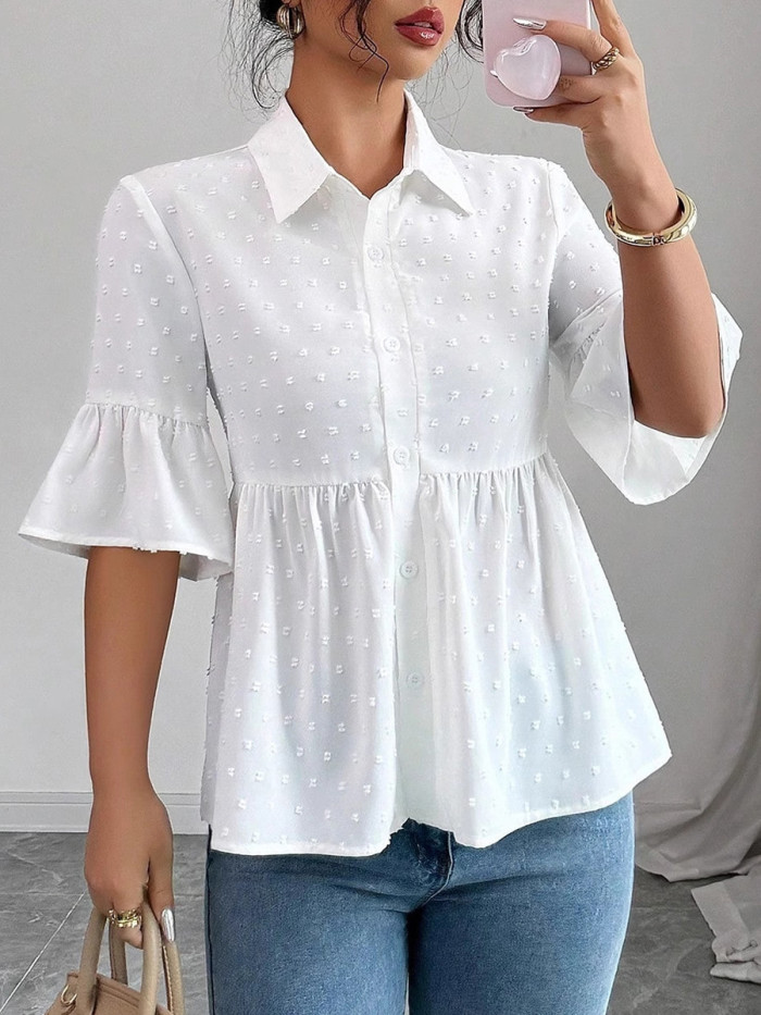 🤍Solid Pleated Jacquard Lapel Blouse | Daily Casual Top✨