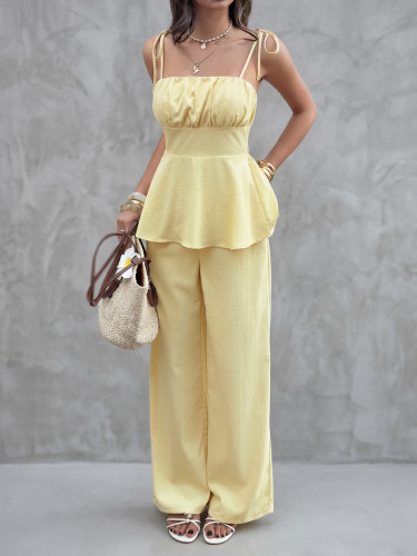🌼Summer Two Piece Outfit | Solid Pleated Spaghetti Strap Sleeveless Vest Top & Wide Leg Pants Set🤍