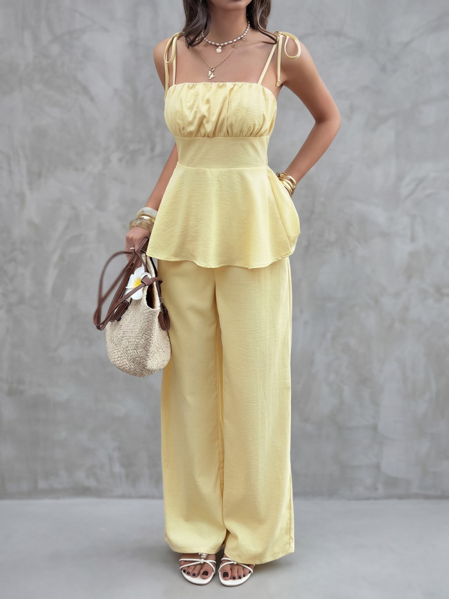 🌼Summer Two Piece Outfit | Solid Pleated Spaghetti Strap Sleeveless Vest Top & Wide Leg Pants Set🤍