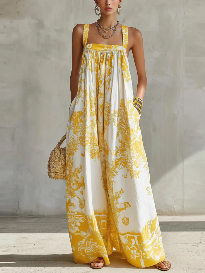 ✨Flower Print Sleeveless Jumpsuit for Beach & Dating | Spaghetti Neck Pleated Pocket Design🌿