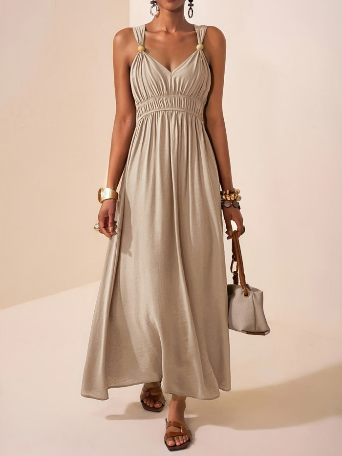 🤍Solid Spaghetti Strap Maxi Dress | Loose Pleated Sleeveless Daily Vacation Outfit✨