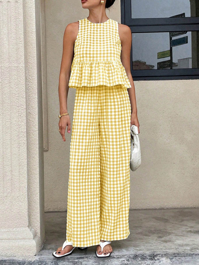 🤎Plaid Split-Joint Pleated 2 Piece Set | Round Neck Sleeveless Vest & Loose Pants Outfit✨