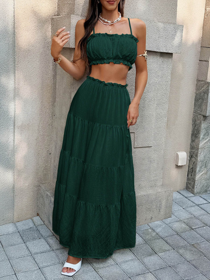 🌸Summer Two Piece Outfit | Solid Pleated Ruffled Spaghetti Crop Top & A-Line Skirt Set🤍