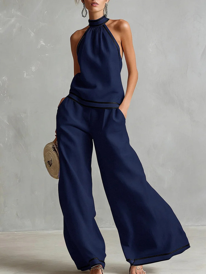 🌼Summer Casual Two Piece Outfit | Contrast Trim Halter Sleeveless Top Wide Leg Pants Set🤍