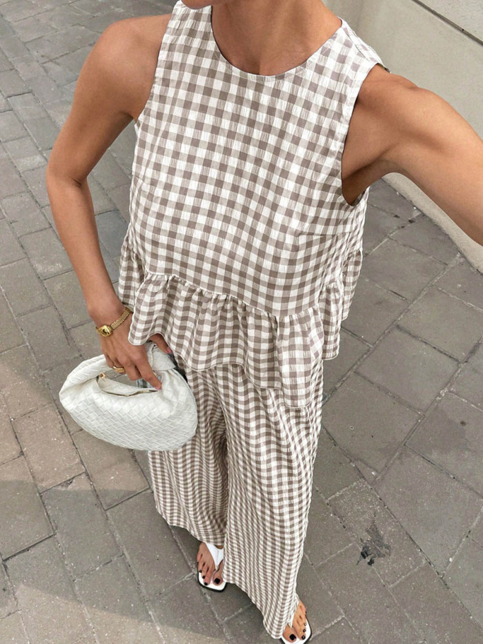 🤎Plaid Split-Joint Pleated 2 Piece Set | Round Neck Sleeveless Vest & Loose Pants Outfit✨