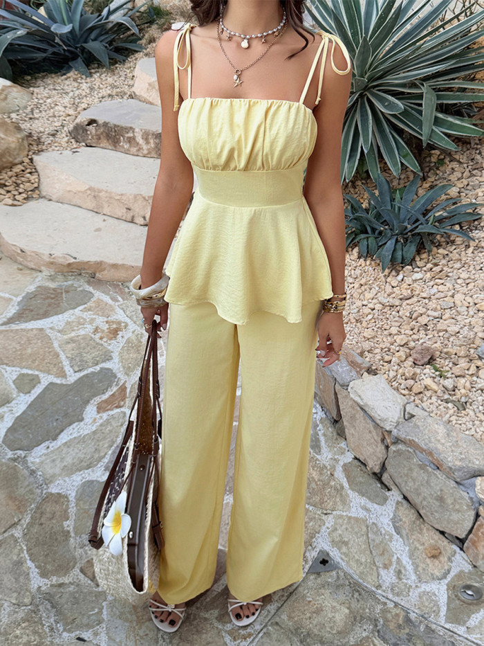 🌼Summer Two Piece Outfit | Solid Pleated Spaghetti Strap Sleeveless Vest Top & Wide Leg Pants Set🤍
