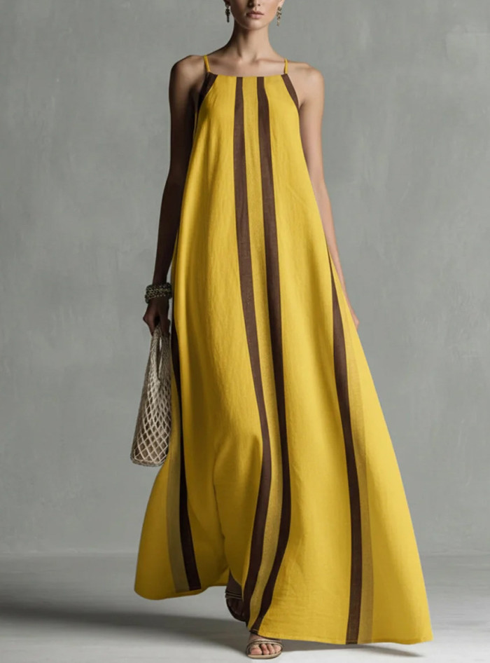 🤍Contrast Color Spaghetti Strap Maxi Dress | Loose A-Line Pleated Summer Vacation Outfit✨
