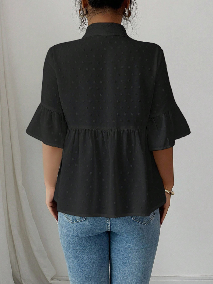 🤍Solid Pleated Jacquard Lapel Blouse | Daily Casual Top✨