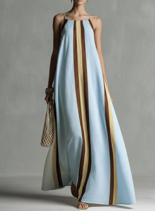 🤍Contrast Color Spaghetti Strap Maxi Dress | Loose A-Line Pleated Summer Vacation Outfit✨