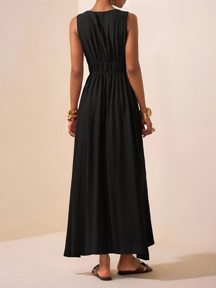 🤍Solid Spaghetti Strap Maxi Dress | Loose Pleated Sleeveless Daily Vacation Outfit✨