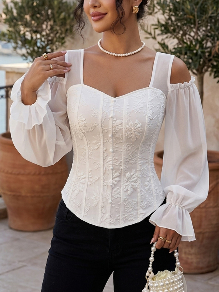 ✨Jacquard Hollow Cold Shoulder Blouse | Solid Split-Joint Elastic Flared Long Sleeve Top🌊
