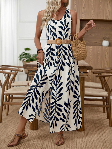 🤍Leaves Print V Neck Maxi Dress for Vacation & Brunch | Sleeveless Belted Contrast Dress✨