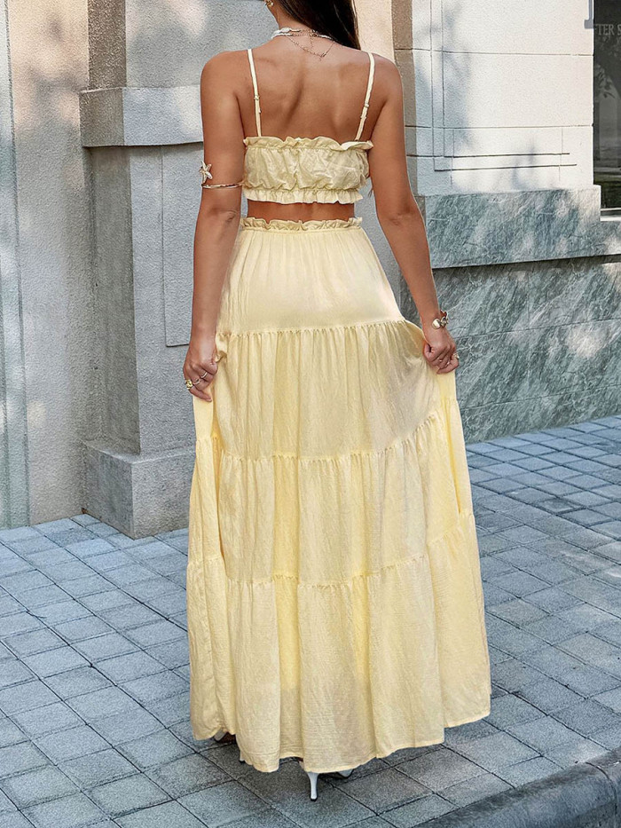 🌸Summer Two Piece Outfit | Solid Pleated Ruffled Spaghetti Crop Top & A-Line Skirt Set🤍