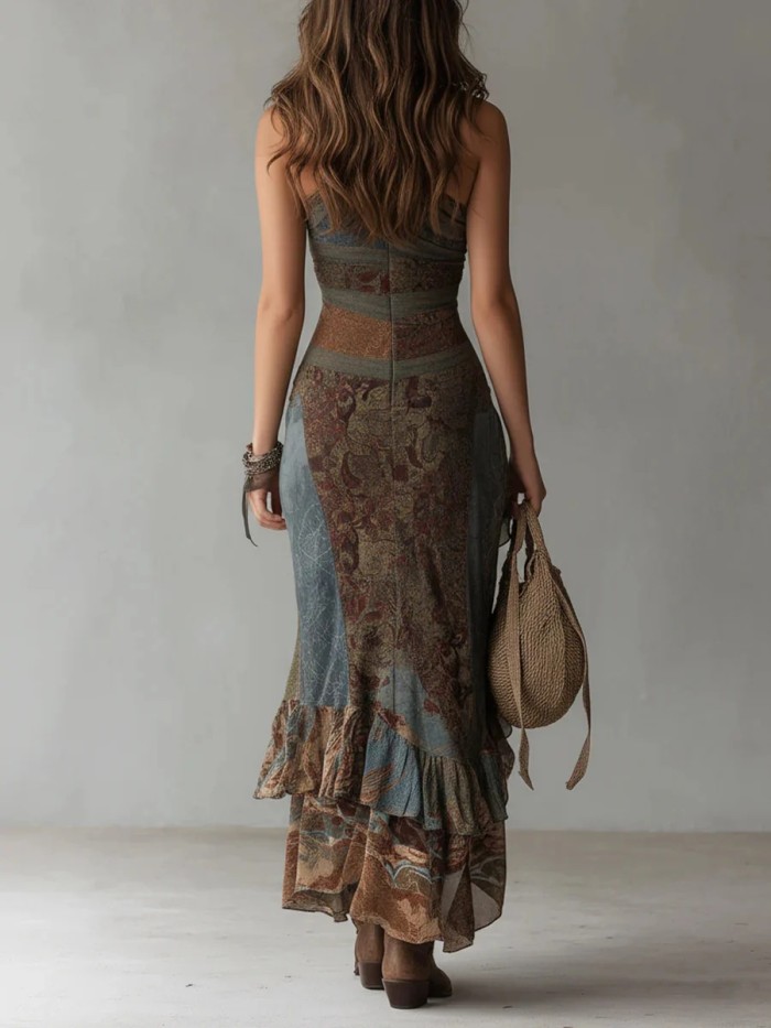 🌸One Shoulder Retro Print Maxi Dress | Ruched High Split Ruffle Hem Boho Party Outfit✨