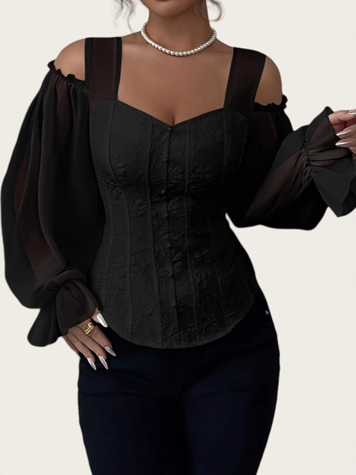 ✨Jacquard Hollow Cold Shoulder Blouse | Solid Split-Joint Elastic Flared Long Sleeve Top🌊