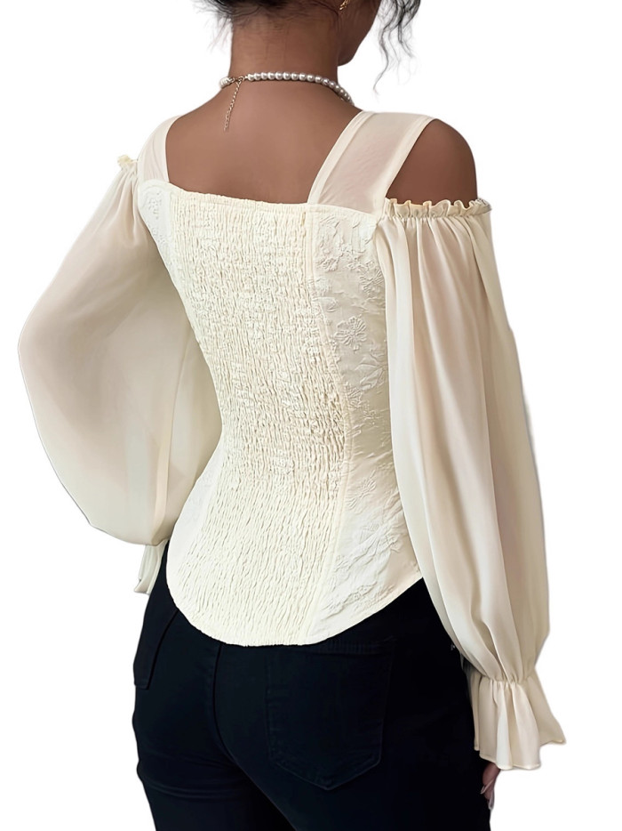 ✨Jacquard Hollow Cold Shoulder Blouse | Solid Split-Joint Elastic Flared Long Sleeve Top🌊