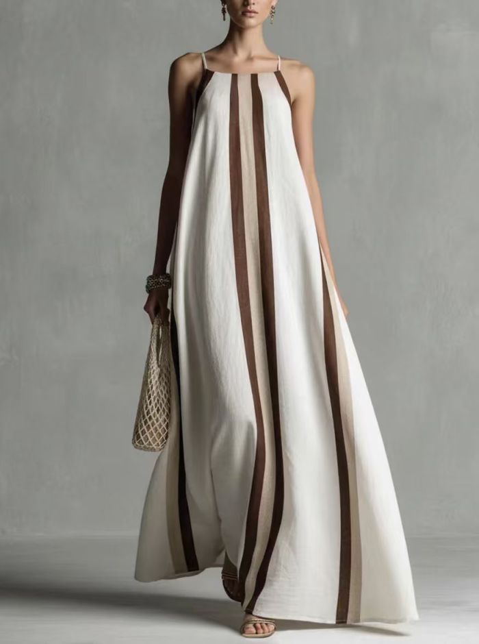 🤍Contrast Color Spaghetti Strap Maxi Dress | Loose A-Line Pleated Summer Vacation Outfit✨