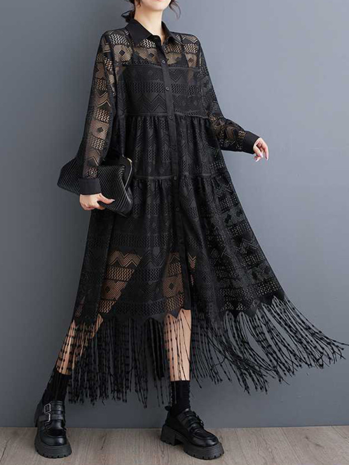 🍂Tassel Split Sheer Print Lapel Midi Dress | Vacation & Daily Outfit✨