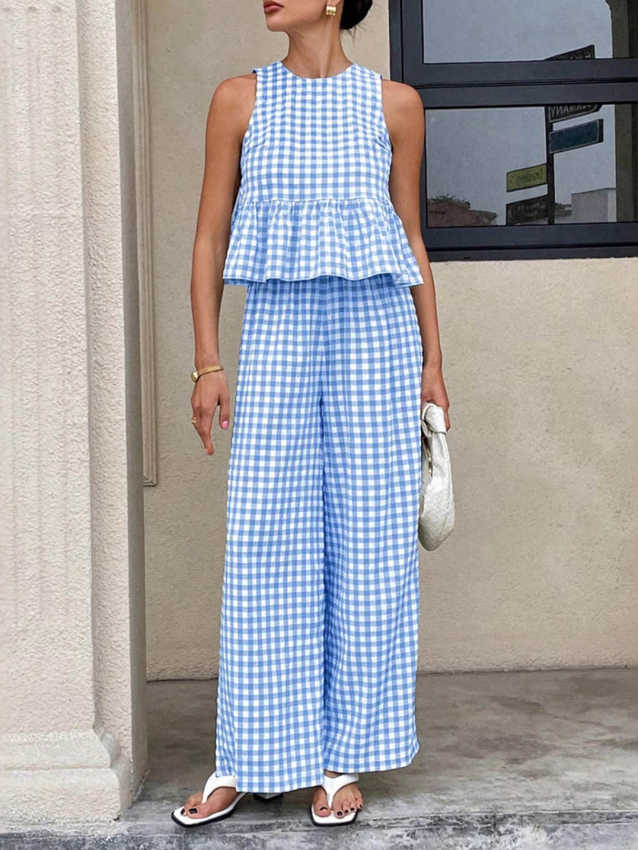🤎Plaid Split-Joint Pleated 2 Piece Set | Round Neck Sleeveless Vest & Loose Pants Outfit✨