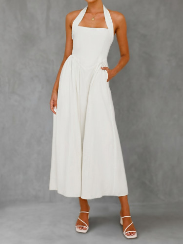 ✨Halter Neck Backless Midi Dress for Beach & Party | High Waist Pleated Pocket Design🌿