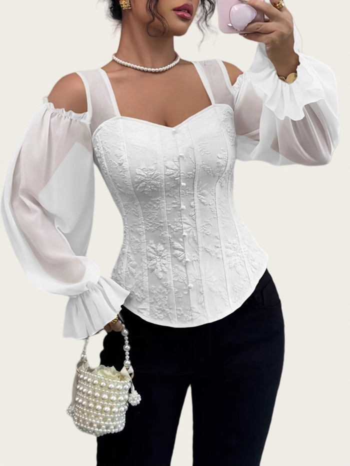 ✨Jacquard Hollow Cold Shoulder Blouse | Solid Split-Joint Elastic Flared Long Sleeve Top🌊