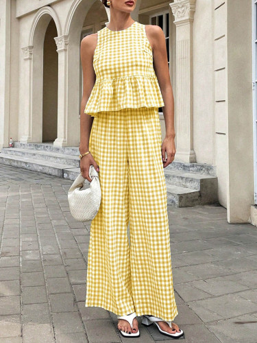 🤎Plaid Split-Joint Pleated 2 Piece Set | Round Neck Sleeveless Vest & Loose Pants Outfit✨