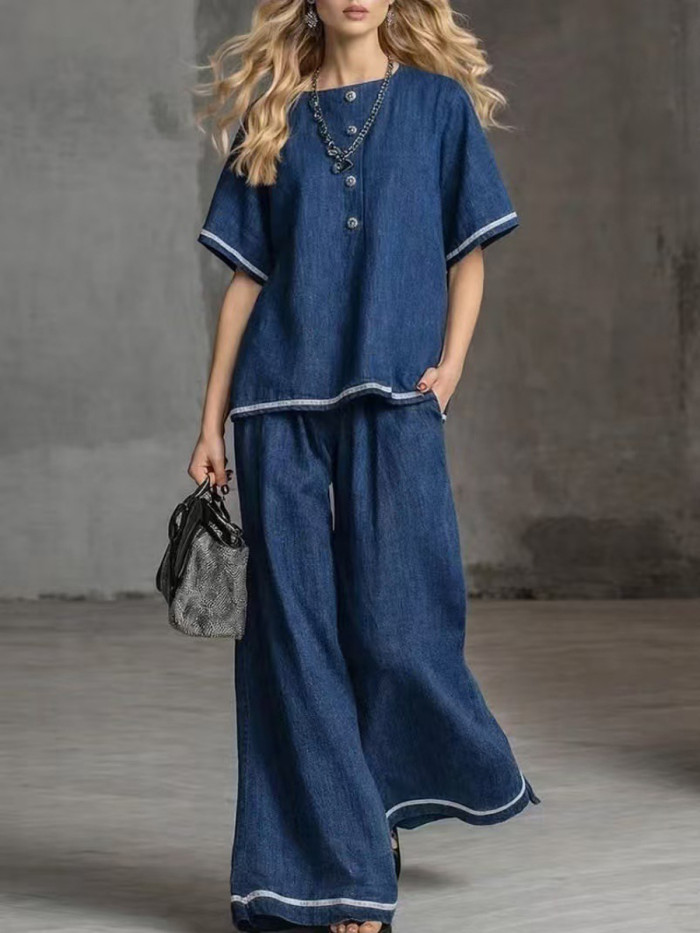 Button Blouse & Wide Leg Pants Set City Strolls and Casual Shopping