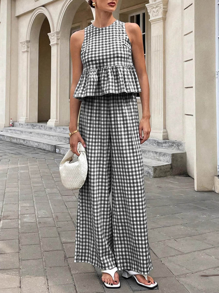 🤎Plaid Split-Joint Pleated 2 Piece Set | Round Neck Sleeveless Vest & Loose Pants Outfit✨