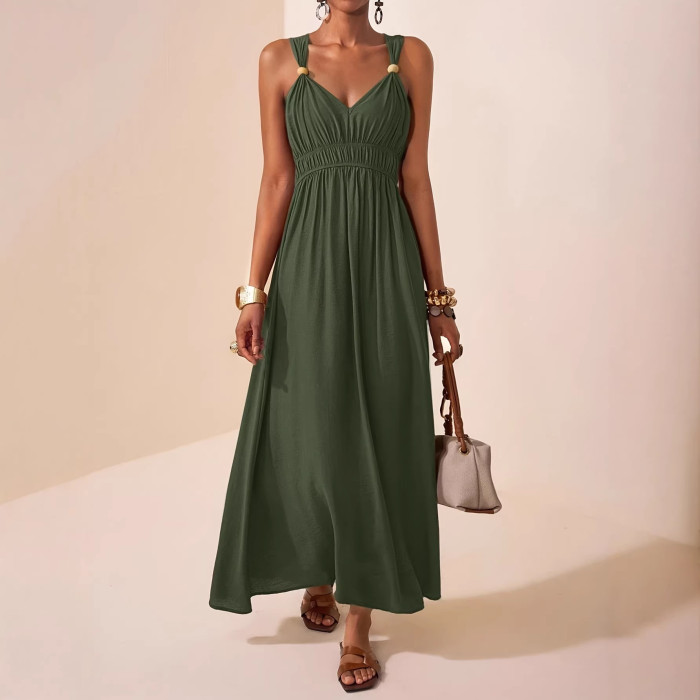 🤍Solid Spaghetti Strap Maxi Dress | Loose Pleated Sleeveless Daily Vacation Outfit✨
