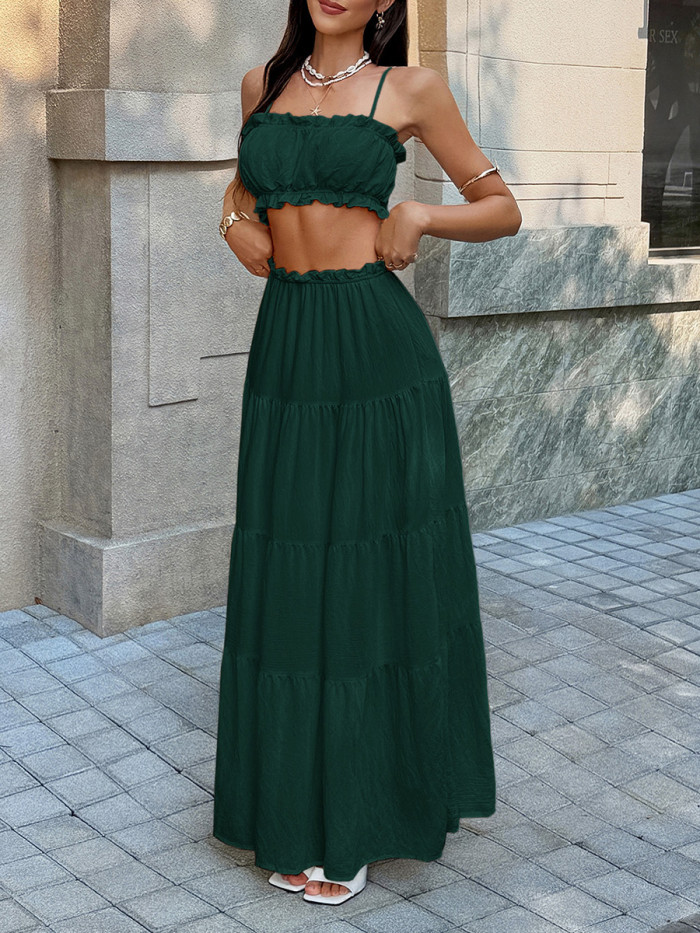 🌸Summer Two Piece Outfit | Solid Pleated Ruffled Spaghetti Crop Top & A-Line Skirt Set🤍