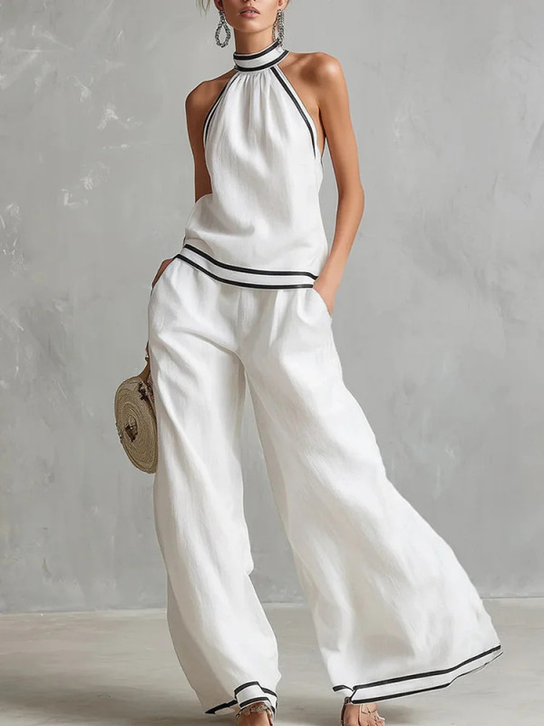 🌼Summer Casual Two Piece Outfit | Contrast Trim Halter Sleeveless Top Wide Leg Pants Set🤍